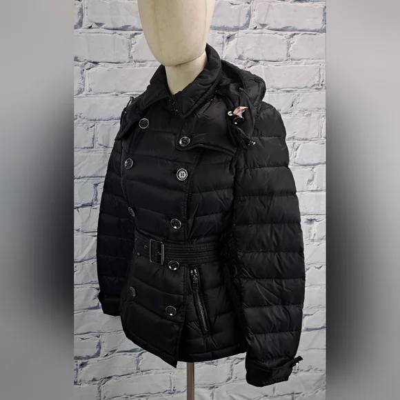 Burberry Women's Puffer Winter Jacket Grey Goose Down Fill Black Hooded Small - Picture 4 of 16